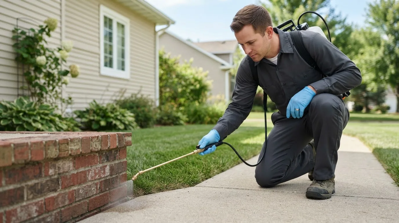 Pest control technician treating a home near Guysville, OH