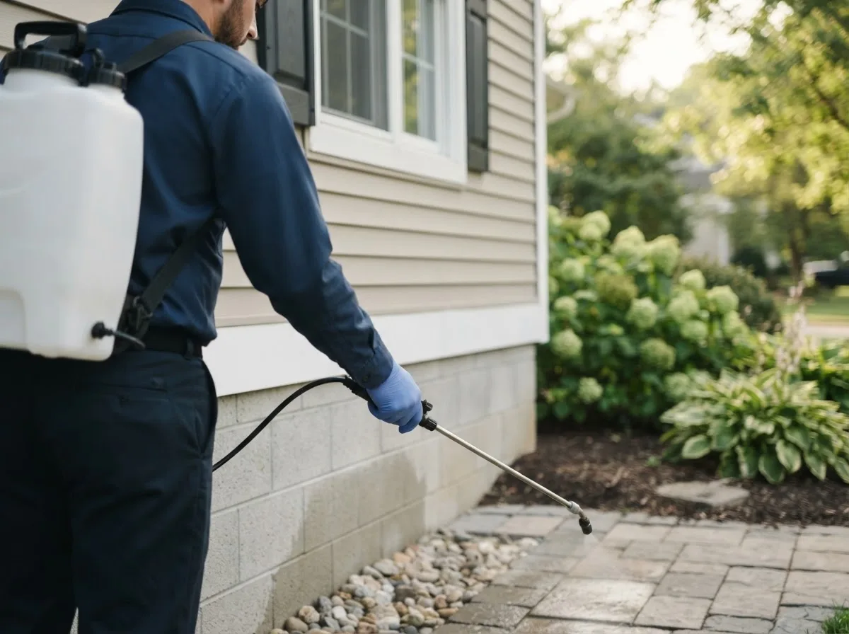 Pest control technician inspecting a home in Guysville, OH